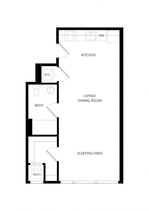 Floor plan for studio, 1 bath, 557 sqft